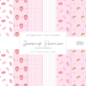 Pode incluir: Uma coleção de padrões sem costura em tons de rosa e branco, com morangos, macarons, croissants e laços. Os padrões incluem xadrez, listras e motivos repetidos. O texto diz "Spring Picnic Strawberry Edition".
