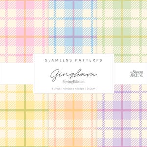 Può includere: Sei motivi Gingham senza cuciture in colori pastello, tra cui rosa, blu, verde, giallo e viola, su sfondo crema. L'immagine include il testo "SEAMLESS PATTERNS Gingham Spring Edition".