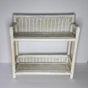 Vintage White Wicker Rattan Wall Shelf 2 Tier Mid-Century Stand