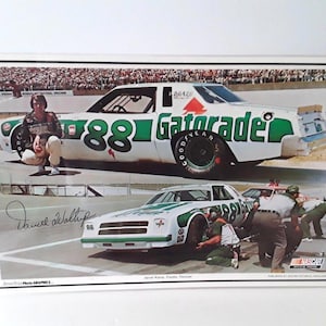 May include: A framed print featuring two images of a white and green NASCAR race car with the number 88. The car has "Gatorade" and "Goodyear" branding. One image shows the car with a driver, the other shows a pit stop.