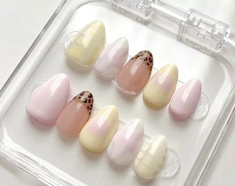 pink & yellow cheetah almond press on nails