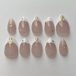 gold star french tip almond press on nails
