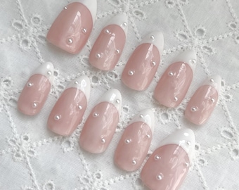dainty pearl french tip almond press on nails