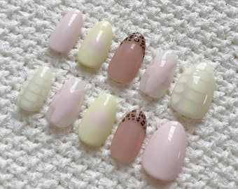 pink & yellow cheetah almond press on nails