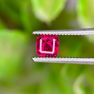 Peut inclure: Une pierre précieuse rouge rubis, de coupe carrée, est maintenue par une pince argentée sur un fond vert flou. Les facettes du joyau reflètent la lumière, révélant sa clarté et sa couleur intense. La pince offre une vue rapprochée de la pierre.