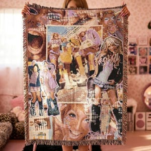 Gyaru Girls Collage Y2K Woven Blanket | Gal Aesthetic Jacquard Tapestry 52x37 | Kawaii Room Decor Throw | Nostalgic Gyaru Blanket