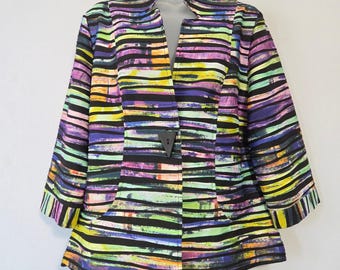 Top tipo blazer IC by Connie K para mujer, talla L, multicolor, rayas abstractas, estilo artístico retro de los 90.