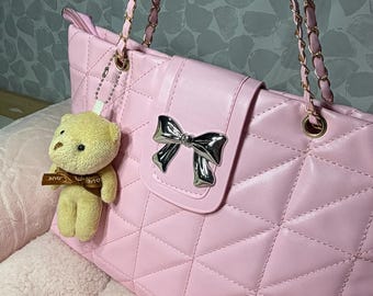Pink Quilted Mini Diaper Bag for Reborn Baby Dolls – Elegant Baby Doll Accessories Bag with Teddy Bear Charm – Perfect Reborn Gift