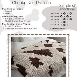 May include: A chunky knit blanket with a cow print design. The blanket has a cream-coloured base with large brown spots. The image text reads "Cow Print Chunky Knit Pattern" and lists size and colour options, and instructional types.