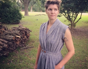 gathered wrap around button waist dress- custom made to measure- cotton chambray