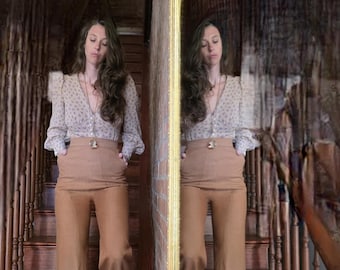 custom crepe silk blouse with mother of pearl buttons and puff sleeves
