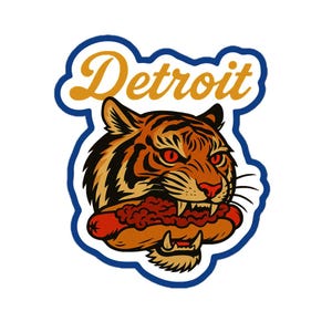 Detroit Tiger & Coney Dog Vinyl Sticker – Retro Design for Laptop, Bumper, or Notebook