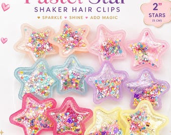 Pastel Star Shaker Hair Clips | Matching Right & Left Pigtail Clips | Glitter Star Hair Accessories for Girls, Toddlers, Kids | Pair