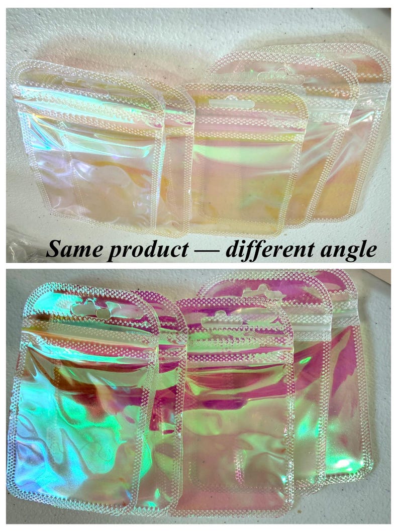 May include: Several iridescent, resealable pouches are displayed, showcasing a holographic effect with a range of colors. The pouches have a zipper closure and a small hole at the top. The text "Same product - different angle" is visible at the bottom.