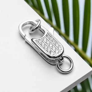 Puede incluir: Un cierre plateado con un centro rectangular con incrustaciones de gemas. El cierre tiene un diseño articulado con un pequeño anillo en la parte inferior. El fondo es una superficie blanca con follaje verde.