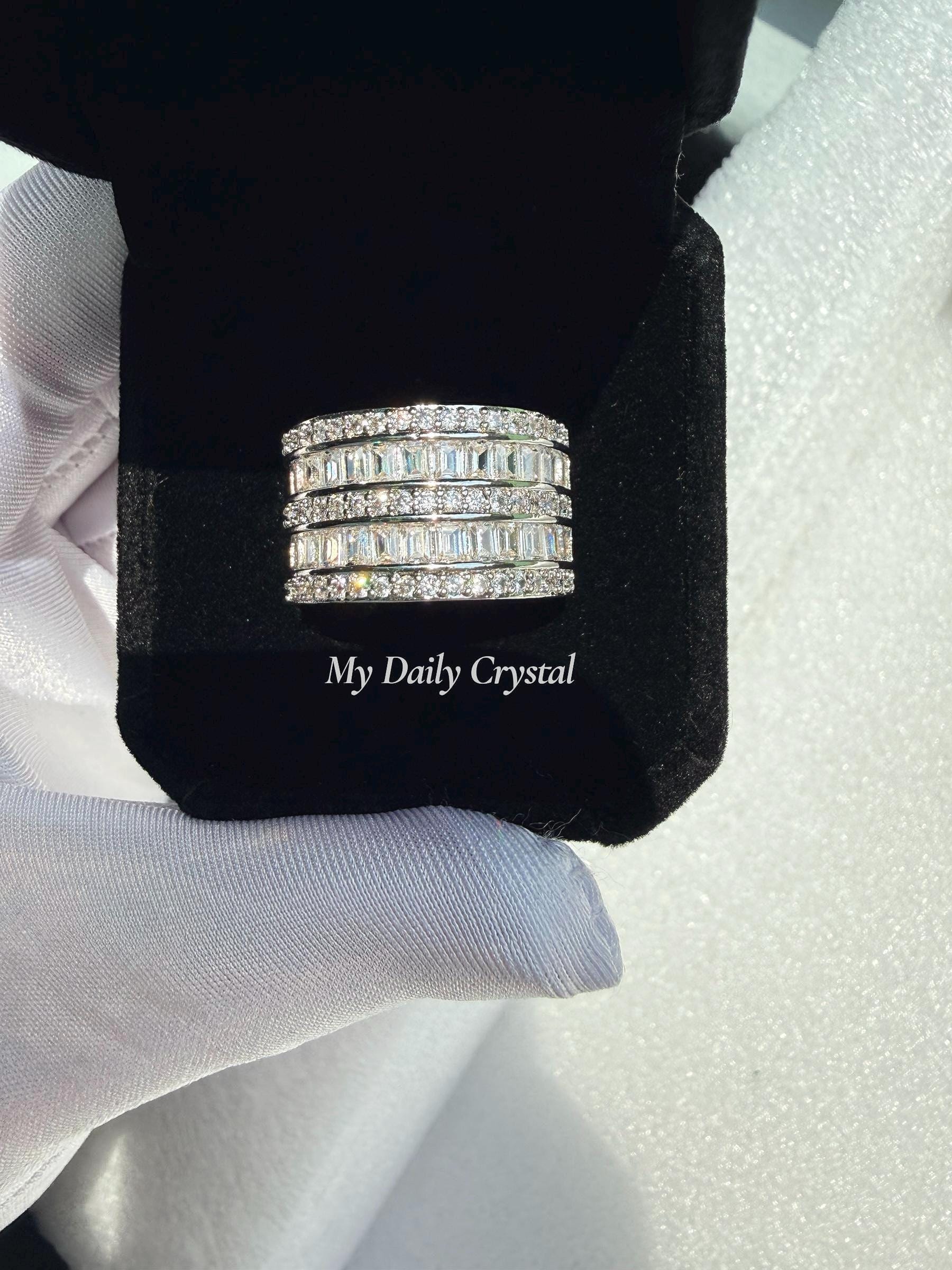 Alfred & Vincent .925 Sterling Silver CZ Crystal Cluster Double-Band Wide Ring – Rhodium Plated, Size 6-9