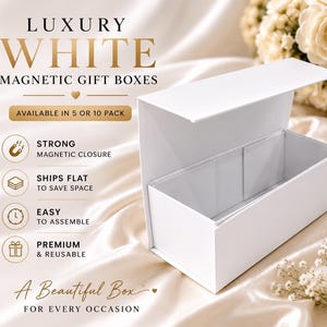 Luxury White Magnetic Gift Box 10x4 | Foldable Rigid Keepsake Box for Personalized Gifts, Bridesmaid Proposal Box, Gift Packaging
