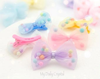 2 Inch Pastel Pom Pom Hair Bow Clips 5 Pack Toddler Girl Tulle Barrettes Kawaii Boutique Hair Accessories My Daily Crystal