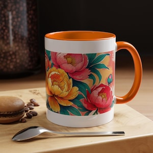 Summer Peony Coffee Mug, Floral Tea Cup, Gift for Flower Lovers, Ceramic Drinkware, Botanical Print Kitchen Decor