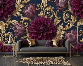 Papel pintado autoadhesivo con estampado floral oscuro, mural botánico de ambiente melancólico, decoración de pared con flores grandes y removibles.