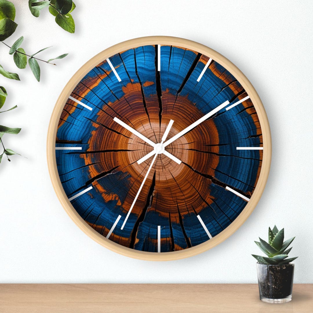 Blue and Orange Tree Ring Wall Clock | Wood Grain Cross-section Clock ...