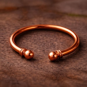 Solid Copper Cuff Bangle, Heavy Ball End Bracelet, Minimalist Adjustable Jewelry