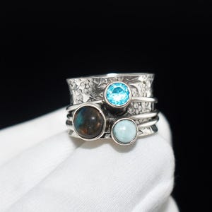 Labradorite Spinner Ring: Sterling Silver, Larimar & Blue Topaz