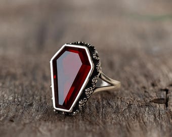 Gothic Sterling Silber Sarg Ring: Roter Granat viktorianischer Schmuck