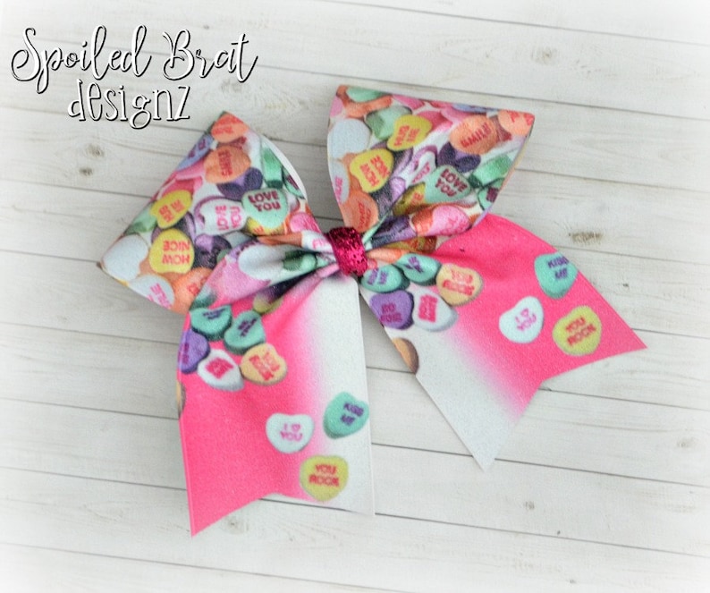 READY TO SHIP Cheerleader White Glitter Vinyl Conversation Hearts Valentines Day Glitter Sublimated Cheer Bow,Girly Hairbows Donuts