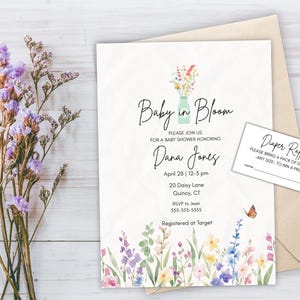Invito al baby shower "Baby in Bloom" + pacchetto con lotteria dei pannolini! Modelli personalizzabili al 100%, stampa o invia quanti ne vuoi!