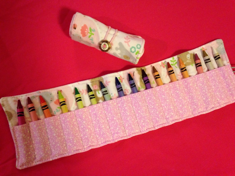 Crayon Roll Up Holder Case Bunnies Rabbits Butterflies Flowers Mushrooms Ladybugs Handmade Holds 16 Crayons Overstock Sale