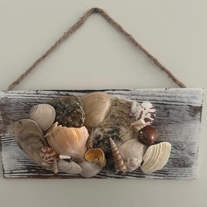 May include: A rectangular wooden plaque with a distressed white paint finish, adorned with a variety of seashells in shades of beige, brown, and white. A natural rope is attached for hanging, creating a coastal theme.