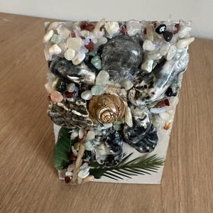 May include: A rectangular, handmade decorative box covered in a mosaic of small, colourful pebbles, seashells, and a central spiral seashell. The box has a white base and is adorned with a small green leaf and a fern.