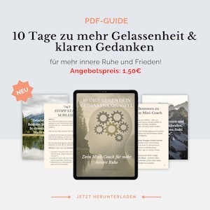 Könnte beinhalten: Ein digitales PDF-Handbuch mit dem Titel "10 Tage zu mehr Gelassenheit & klaren Gedanken" wird auf einem Tablet angezeigt. Der Leitfaden verspricht inneren Frieden und zeigt ein Cover mit einer Gehirngrafik und dem Text "Dein Mini-Coach für inneren Frieden".