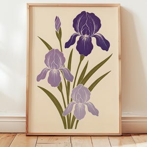 Japandi Iris Flower Printable Poster | Digital Download Wall Art | Minimal Botanical Woodblock Print | Purple Floral Japandi Decor