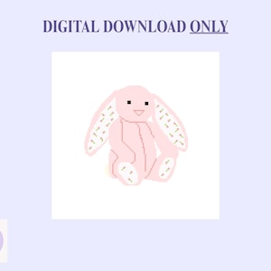 May include: A pink pixelated bunny illustration with long ears and a small smile. The bunny's ears and feet have a pattern of small green dashes. The words "DIGITAL DOWNLOAD ONLY" are at the top.