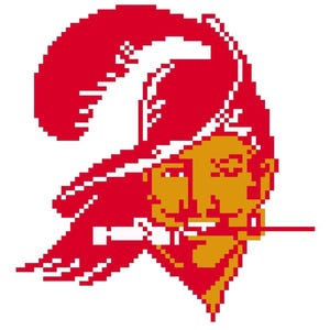 Puede incluir: Imagen pixelada de un pirata con sombrero rojo y rostro dorado. El pirata mira hacia la derecha, con una pluma blanca en el sombrero y un objeto blanco en la boca. El fondo es blanco.