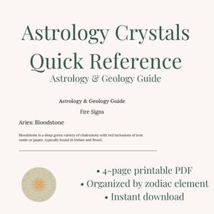May include: A printable PDF guide titled "Astrology Crystals Quick Reference." The guide includes information on astrology and geology, organized by zodiac element. The image features text and a circular graphic.