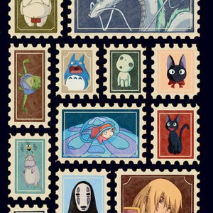May include: A collection of postage stamps featuring colorful illustrations of characters from the animated film Spirited Away and other Studio Ghibli movies. The stamps are arranged on a dark blue background.
