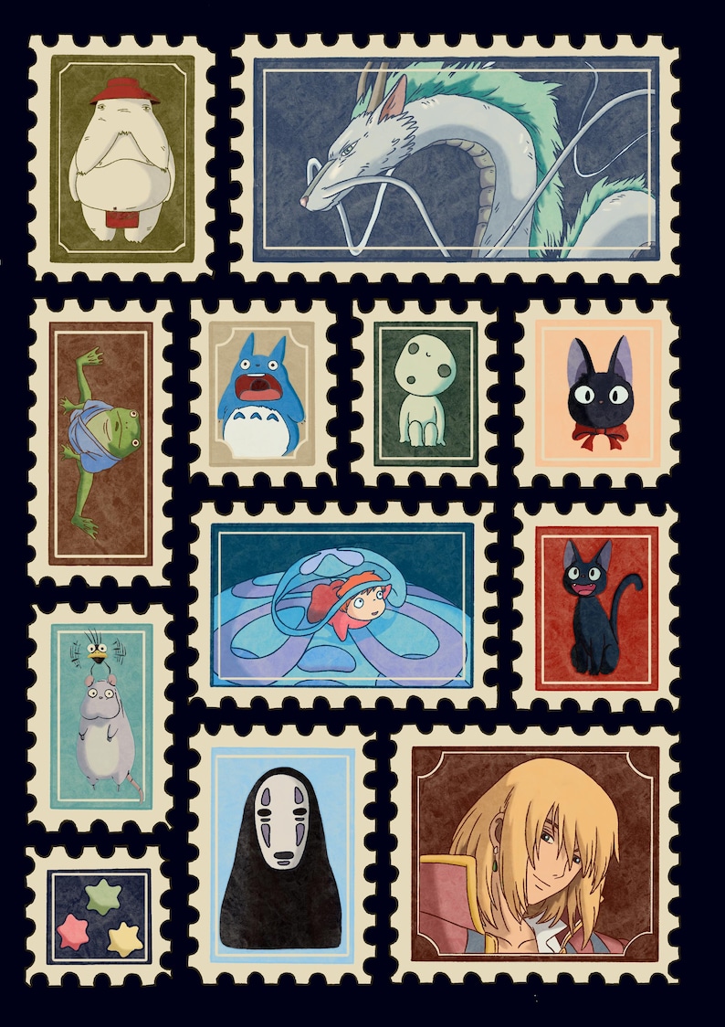 May include: A collection of postage stamps featuring colorful illustrations of characters from the animated film Spirited Away and other Studio Ghibli movies. The stamps are arranged on a dark blue background.