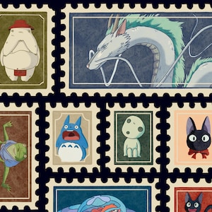 May include: A collection of postage stamps featuring illustrations of characters from animated films. The stamps showcase various characters in different poses and colors, set against a dark blue background. The stamps are arranged in a grid pattern.
