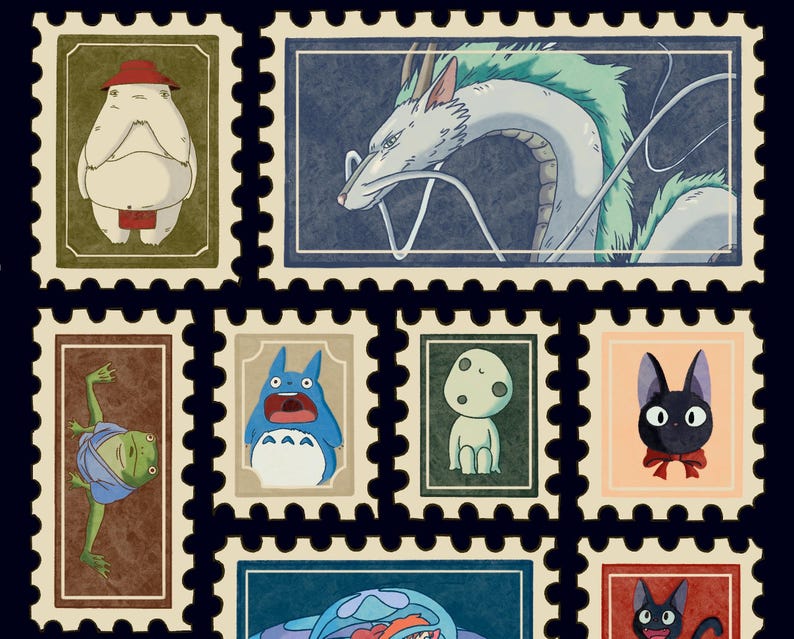 May include: A collection of postage stamps featuring illustrations of characters from animated films. The stamps showcase various characters in different poses and colors, set against a dark blue background. The stamps are arranged in a grid pattern.