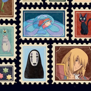 May include: A collection of illustrated postage stamps featuring characters from animated films. The stamps have a dark blue background and brown borders. The illustrations include a black cat, a character with a white mask, and a blonde-haired person.