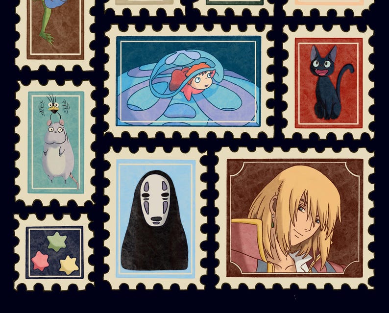 May include: A collection of illustrated postage stamps featuring characters from animated films. The stamps have a dark blue background and brown borders. The illustrations include a black cat, a character with a white mask, and a blonde-haired person.