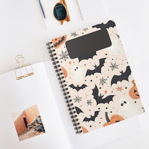 Spooky Spiral Notebook - Halloween Journal, Cute Ghosts & Bats, College Supplies, Gift for Kids, Writing, School Diary,Back to School