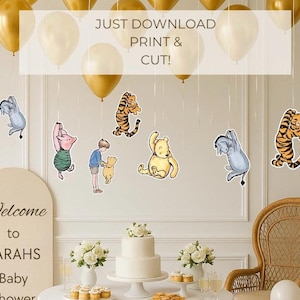PRINTABLE Classic Winnie the Pooh Party Decor, Winnie the Pooh and friends holding balloons,Winnie the Pooh centerpieces, WinnieParty Decor
