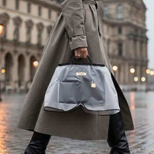 May include: A person in a light brown trench coat and black boots carries a grey tote bag with a black handle. The bag has a logo and text. The background shows a building and wet pavement, suggesting rain.