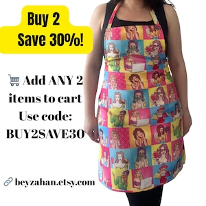 Pop Art Women Print Apron: Colorful Kitchen Apron, Handmade