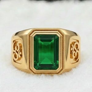 Men's Emerald Ring – Lab Grown May Birthstone, 10k-14k Solid Gold Om Ring