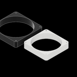 May include: Two square fan shrouds, one black and one white, are displayed against a black background. Each shroud has a circular opening in the center and small screw holes in the corners.